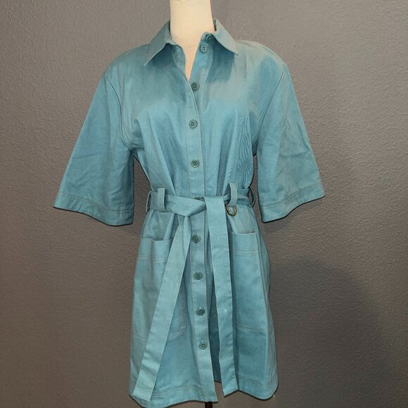 STINE GOYA TURQUOISE DENIM BUTTON FRONT BELTED SHIRT DRESS - EUC - EXTRA SMALL - Picture 1 of 13